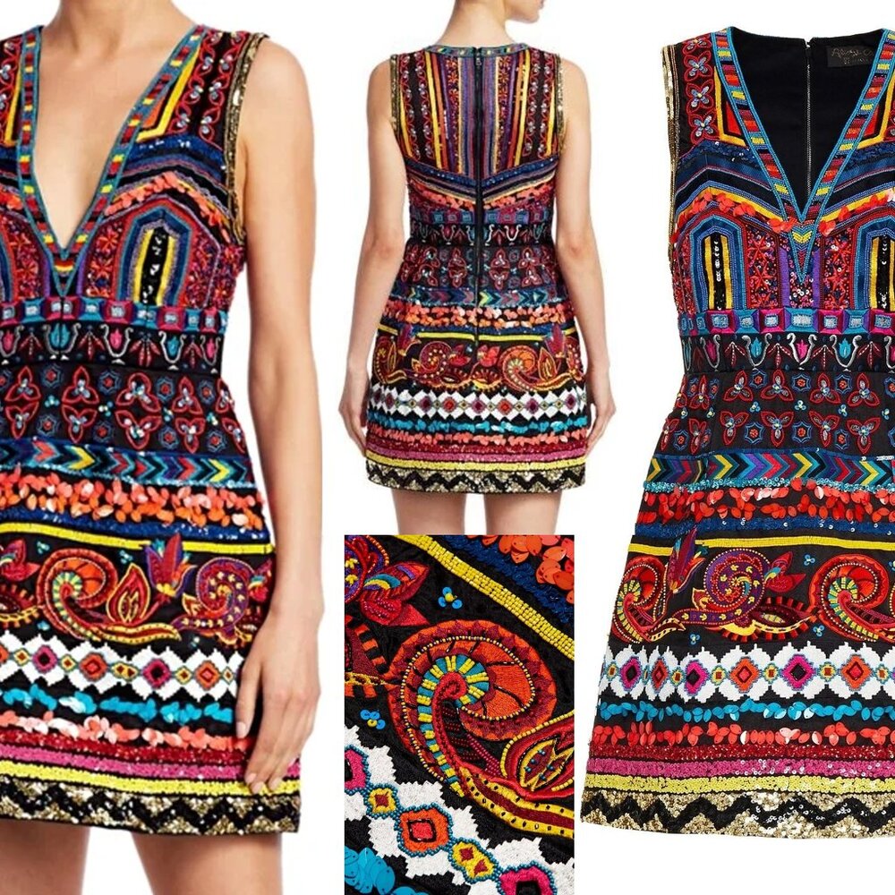 Alice + Olivia Patty Embroidered Bead Sequin Lantern black Dress 0 $1,395 NWT